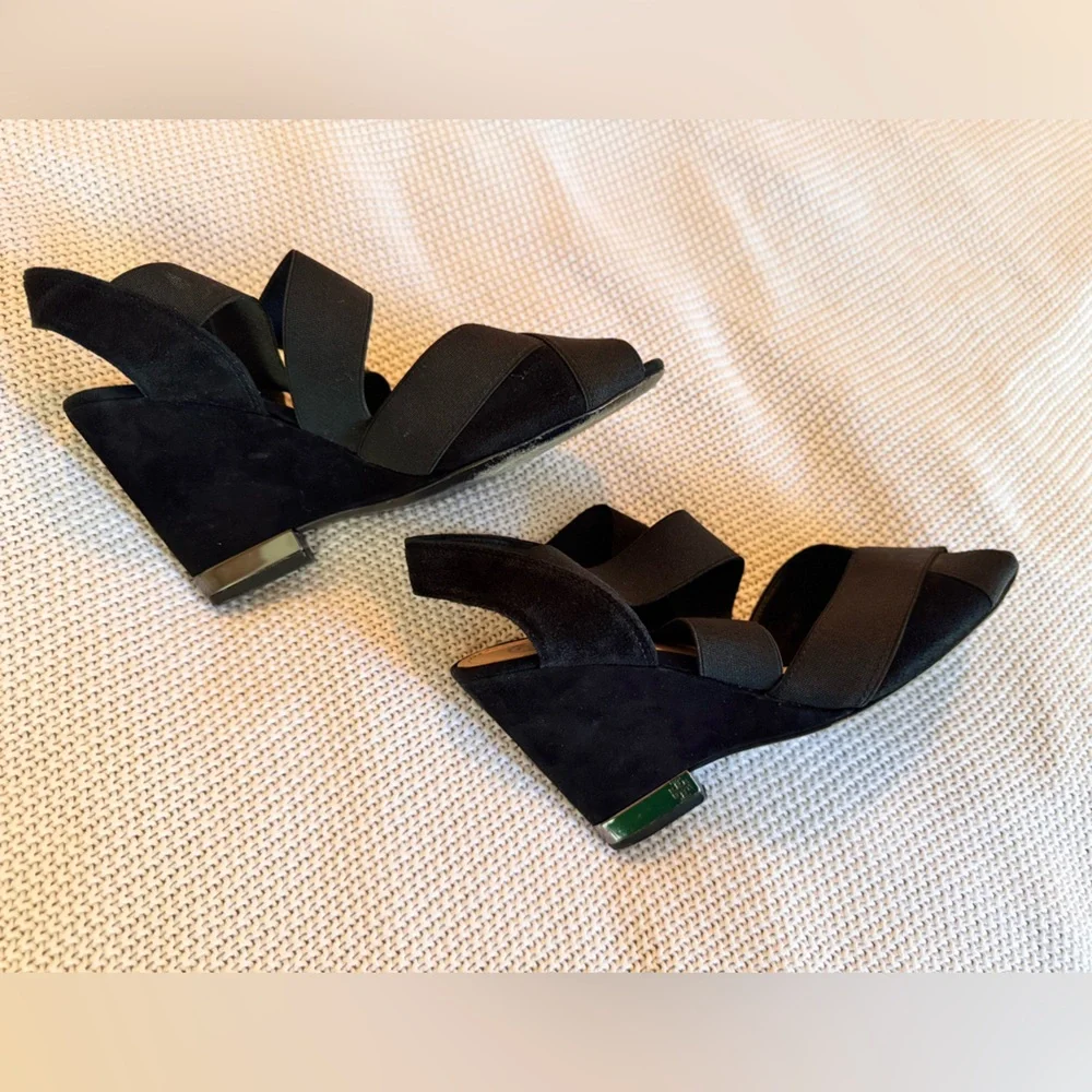 TORY BURCH Debbie Strappy Black Suede Leather Wedge Heels Sandals Women’s Shoes